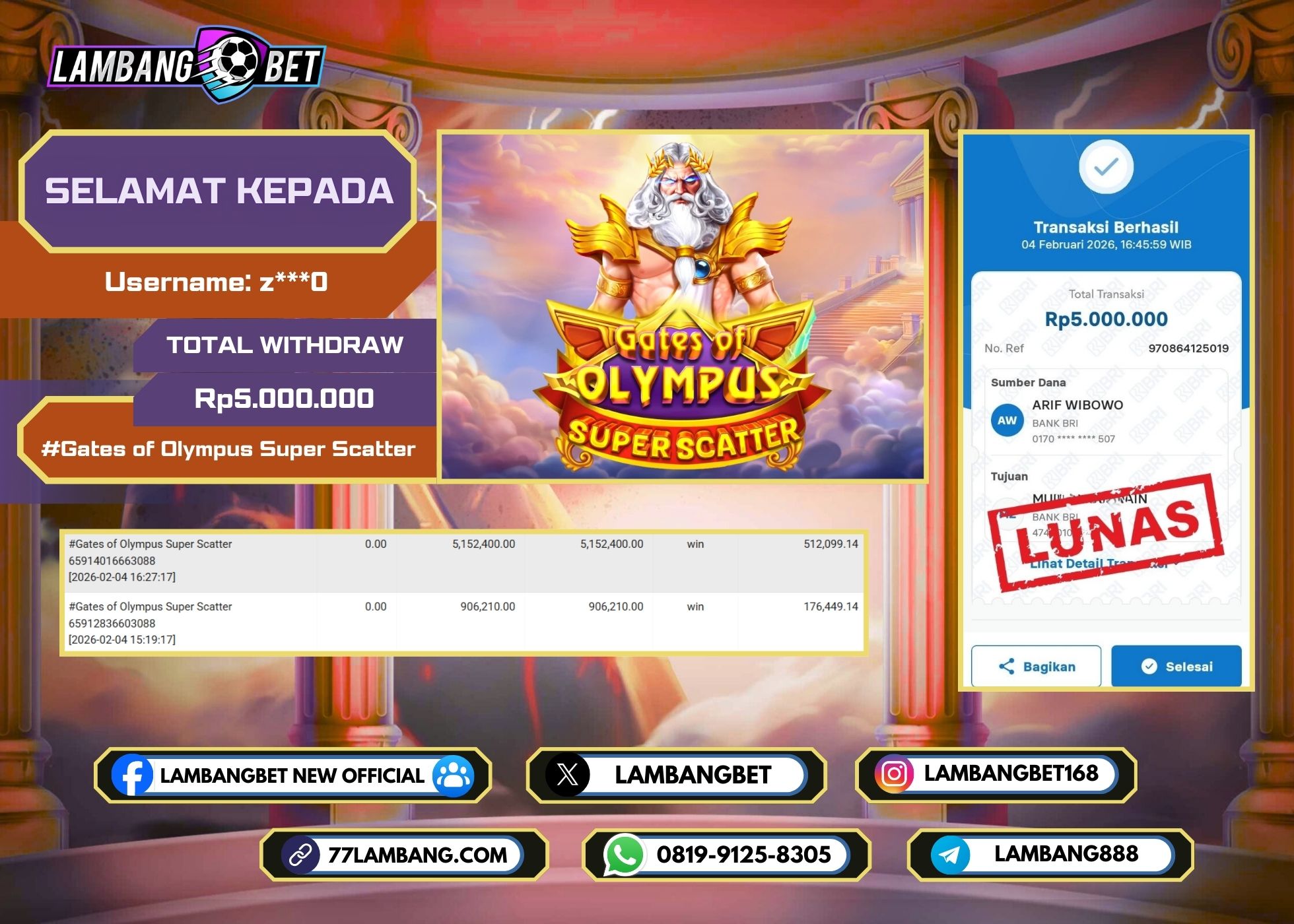 LAMBANGBET [4 FEBRUARI 2026] JACKPOT SLOT Gates of Olympus Super Scatter "Rp5.000.000" LUNAS
